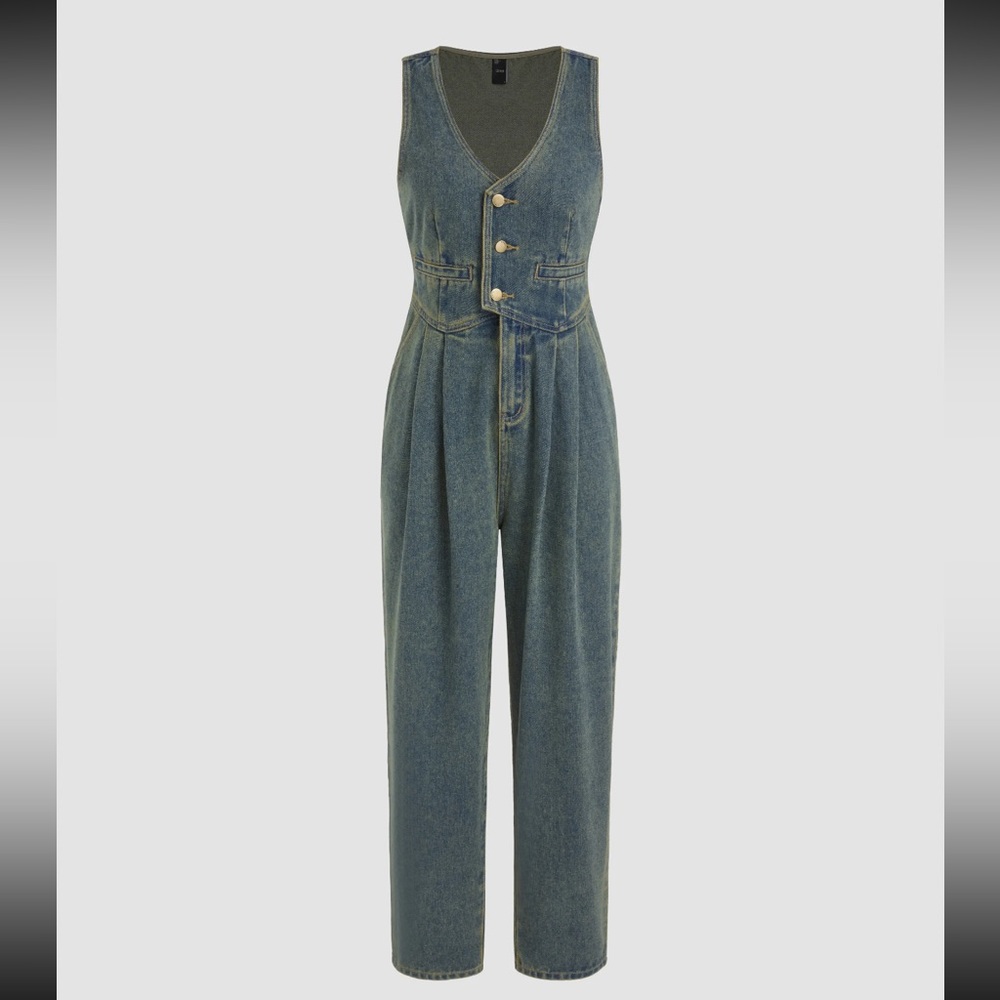 Denim V-Neck Belted Straight Leg Jumpsuit